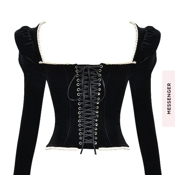 House of CB Black Velvet Top with Cream Trim - Picture 3 of 7